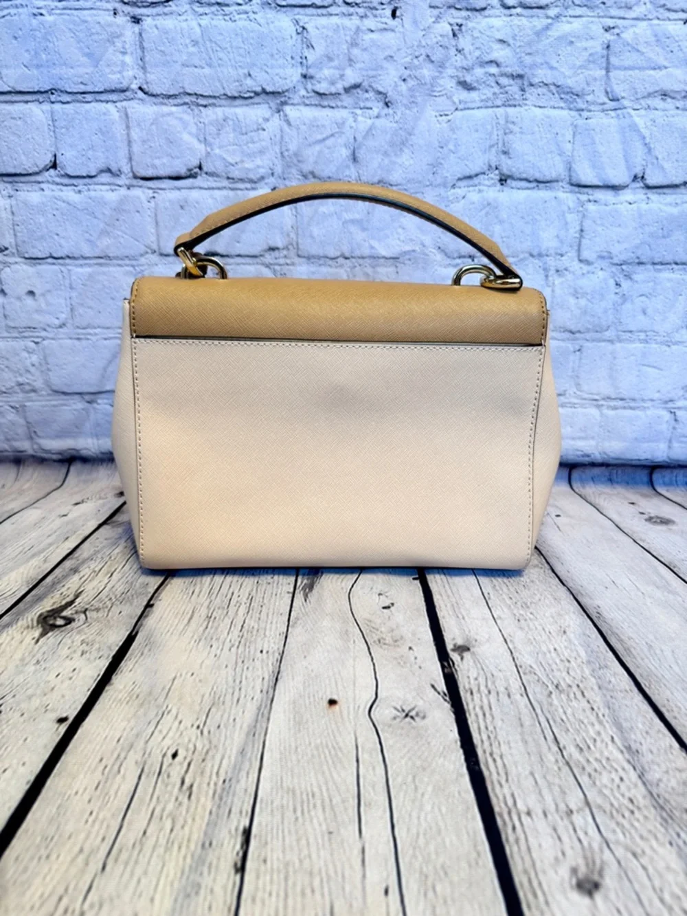 Michael Kors Beige Tan Colorblock Saffiano Leather Top Handle Satchel Chic